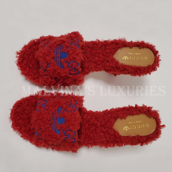 GUCCI SHOES ADIDAS TREFOIL GG LOGO SHEARLING EFFECT SLIDE SANDALS sz 39.5 9.5 - Picture 4 of 16